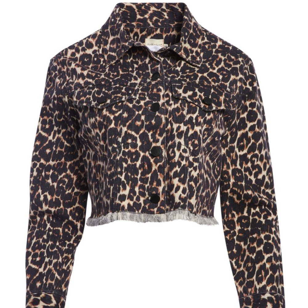 Alice + Olivia Boxy Cropped Leopard Print Denim Jacket